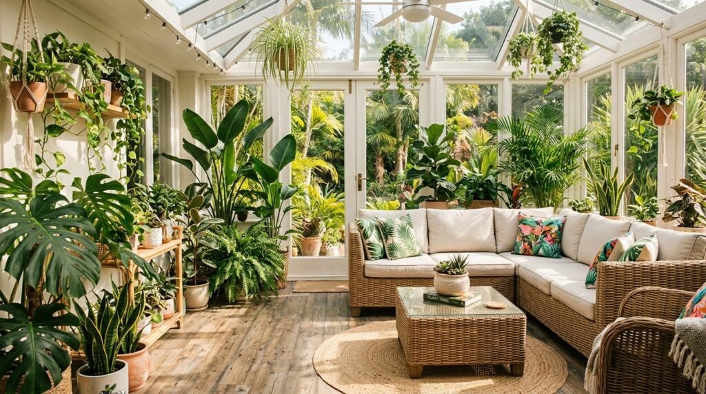 A sun-drenched sunroom interior featuring warm teak wooden furniture pieces.