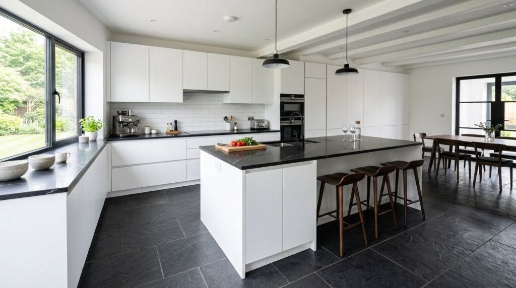 A clean and bright modern kitchen featuring white cabinetry and minimalist design.
