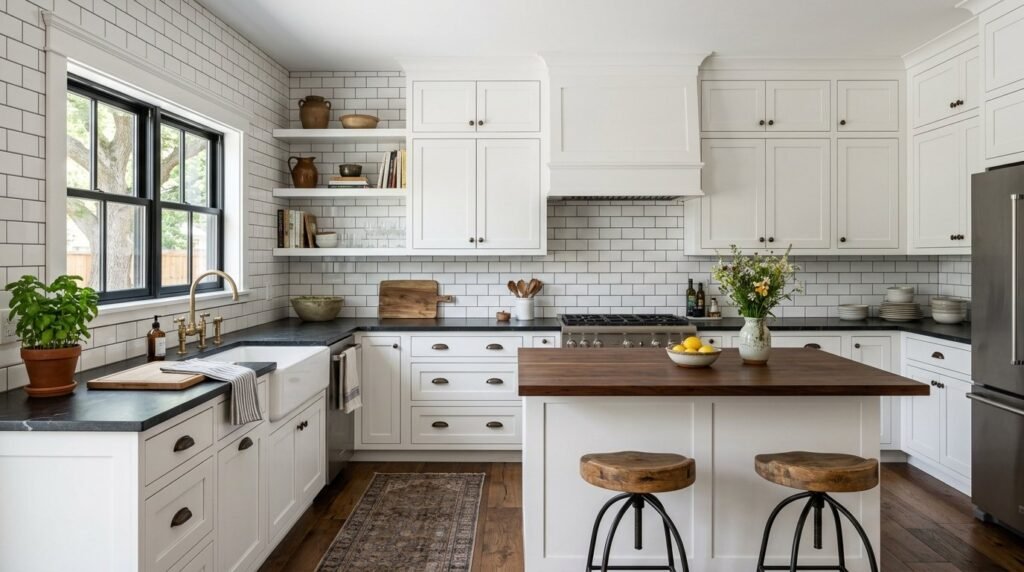 A modern kitchen featuring clean white shaker cabinets and marble countertops.