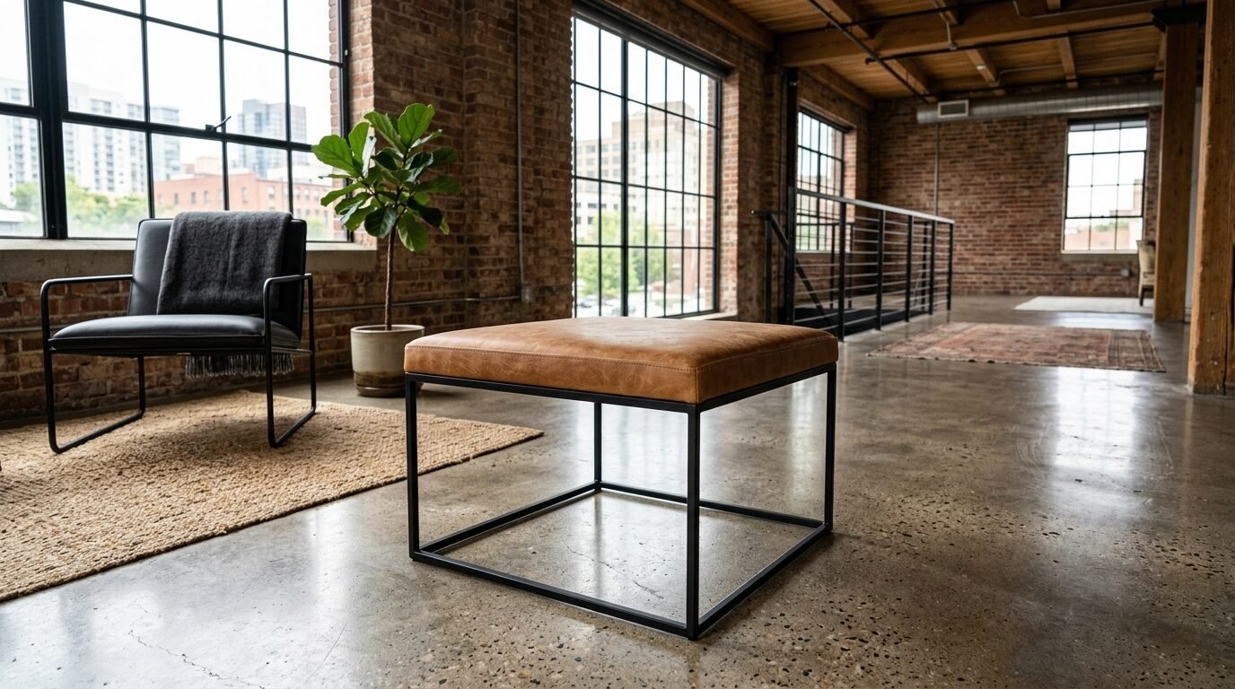 Modern tan leather ottoman with a black metal frame positioned in a spacious brick-walled apartment living area.