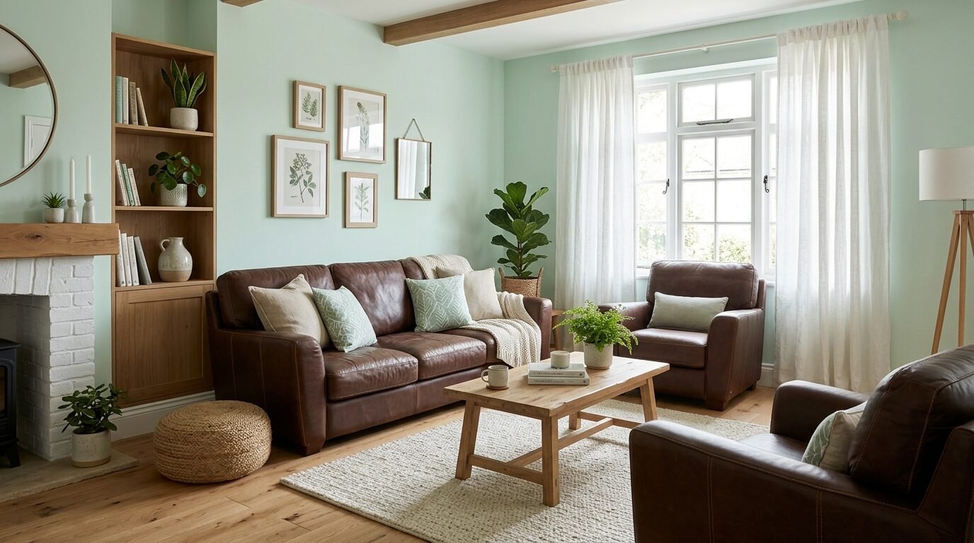 A sunlit living room with a brown leather sofa, matching armchairs, and botanical wall art on soft green walls.