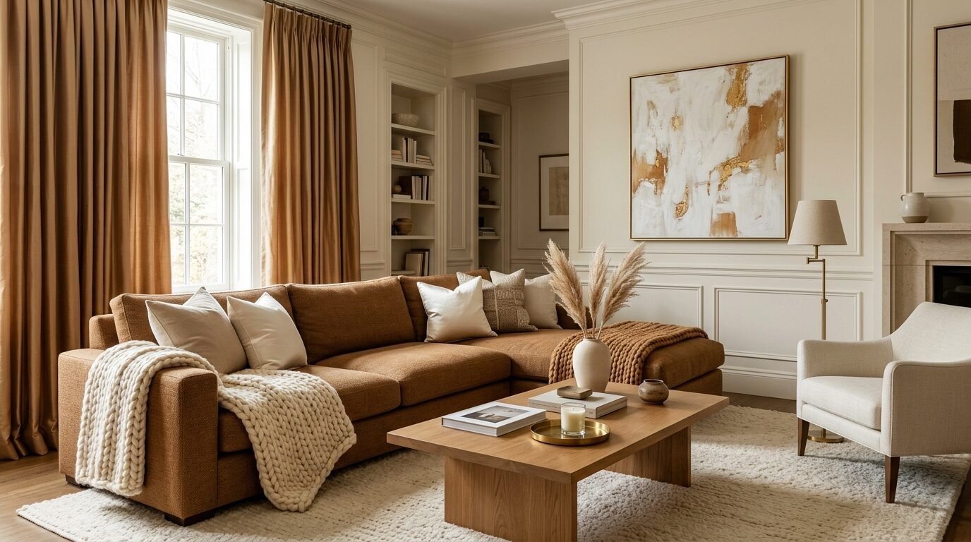 A modern living room with a large brown couch, light wooden coffee table, and cream-colored textured rug.