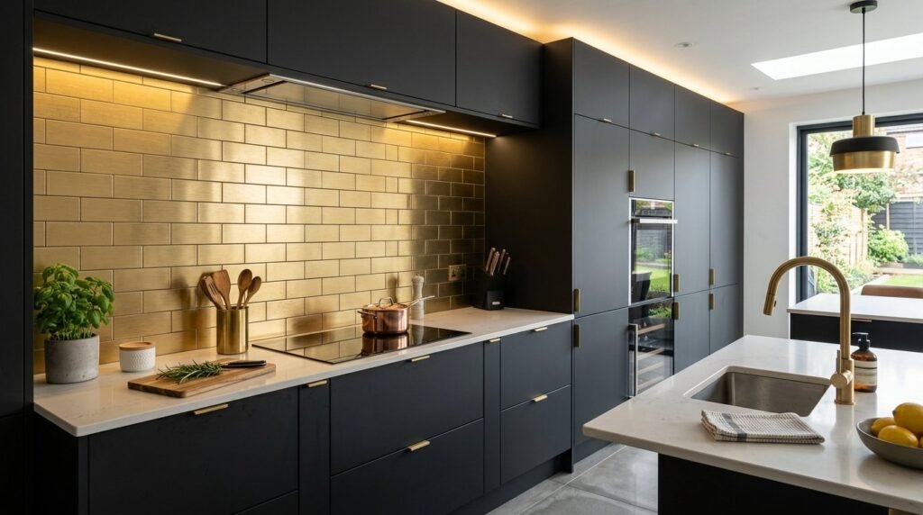 Close up of textured brushed brass tiles featuring a metallic gold finish and industrial design aesthetic.