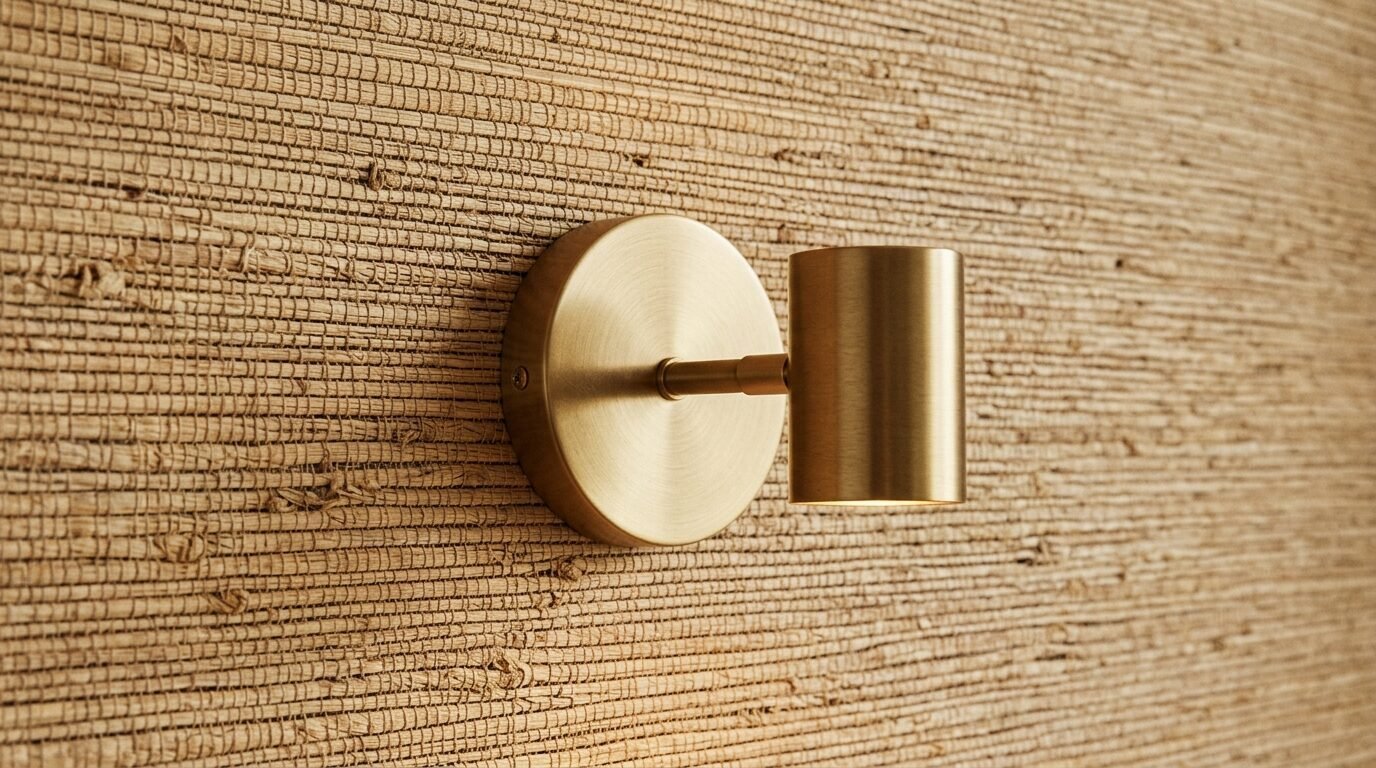A cylindrical metallic light fixture attached to a wall covered in horizontal beige grasscloth texture.