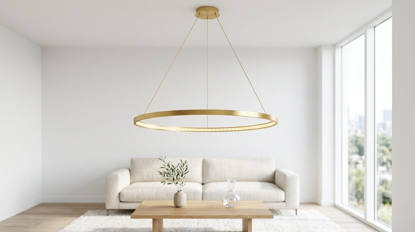 A large round gold metal pendant light fixture hanging centered in a bright white living room.