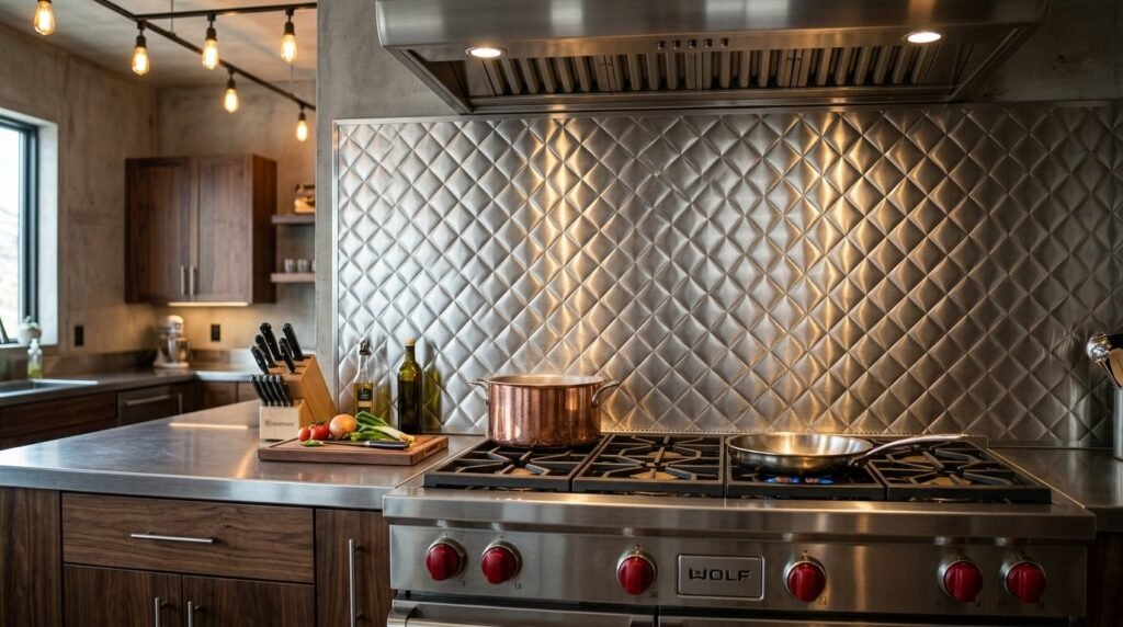 A close-up view of a brushed stainless steel sheet showing metallic texture and reflections.
