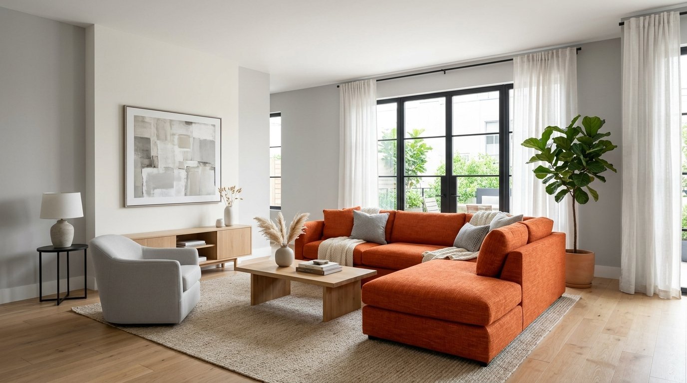 Modern living room with a large orange sectional couch, light wood coffee table, grey chair, and large fiddle leaf fig.