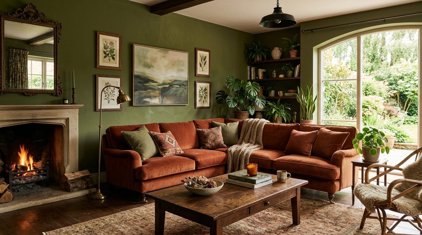 A rustic living room featuring a burnt orange velvet sectional, green walls, and a fireplace with a lit fire.