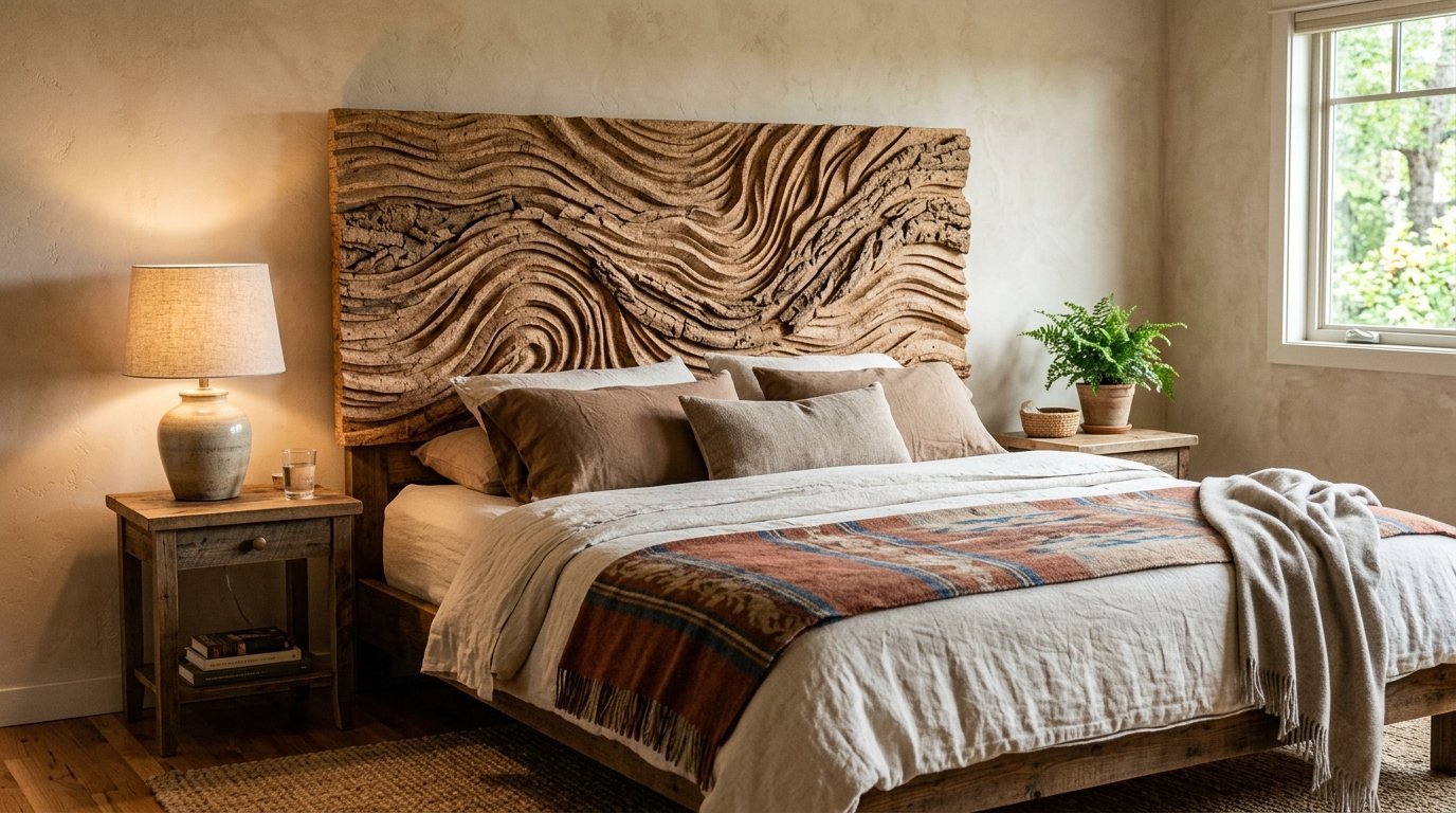 A beige bedroom with a natural carved wooden headboard and a patterned throw blanket on the bed.
