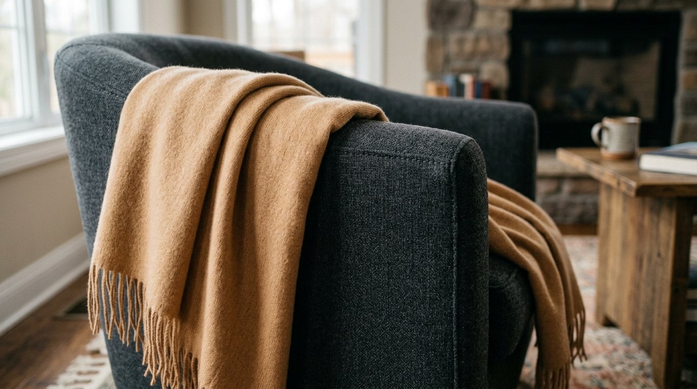 Close-up of a dark grey upholstered chair with a fringed camel-colored wool blanket in a living room.