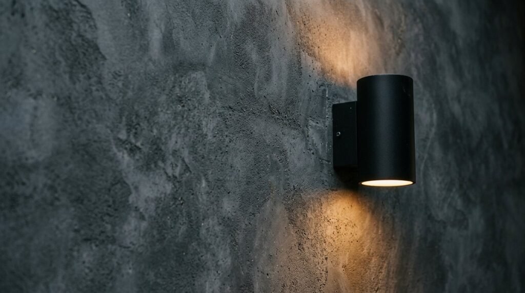 A close-up shot of a smooth charcoal gray plaster wall surface with subtle texture.