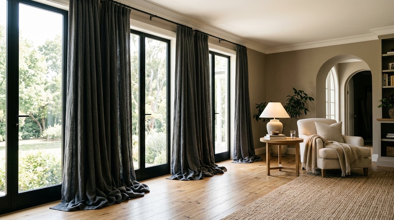 A beige armchair with a throw blanket sits next to long, dark grey curtains framing glass doors.