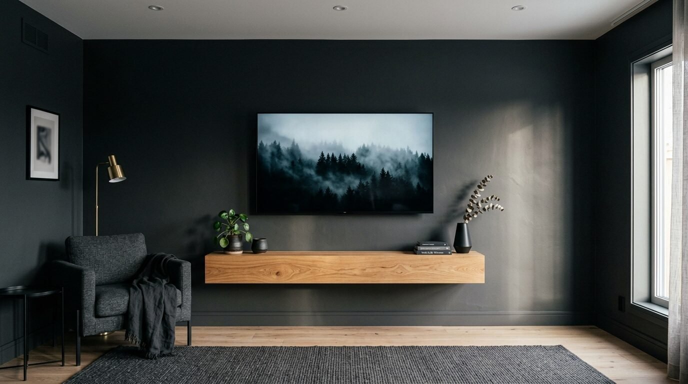 A dark grey wall features a wall-mounted TV showing a misty forest above a sleek light oak floating shelf.