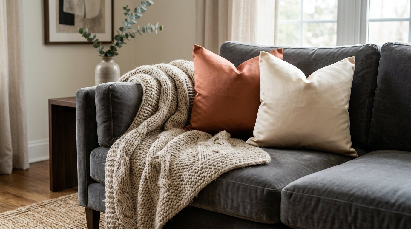 Close up of a gray couch with an oversized beige cable knit blanket and decorative burnt orange and cream cushions.