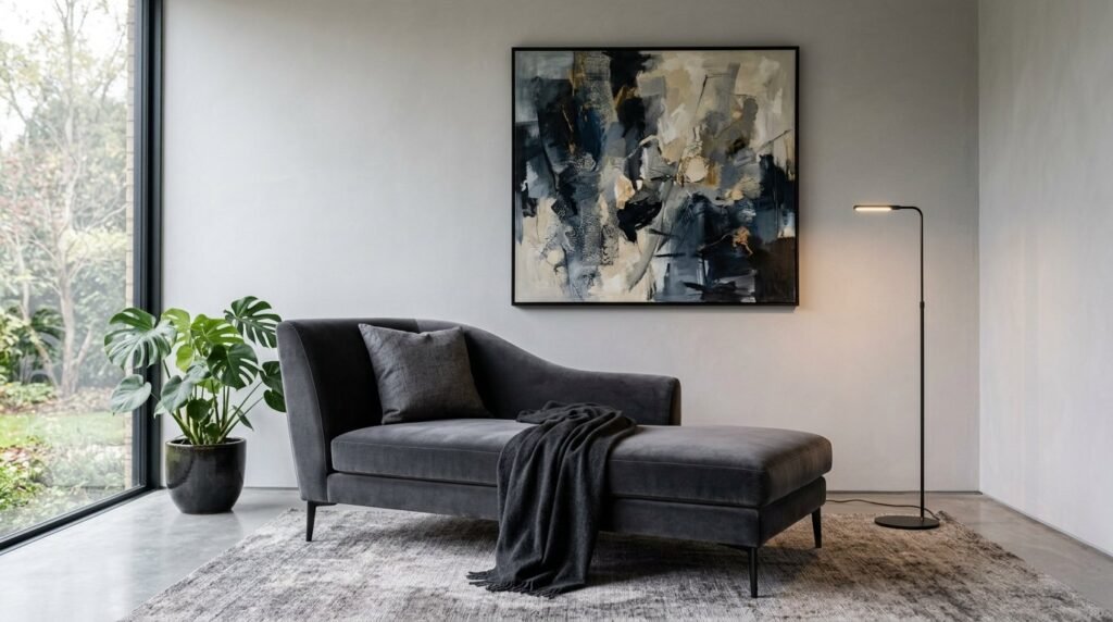 A luxurious charcoal grey velvet chaise lounge chair in a modern interior setting.