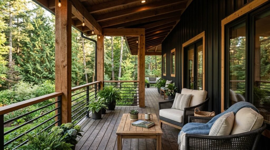 A scenic view of a classic residential home with a large, inviting wraparound porch during the daytime.