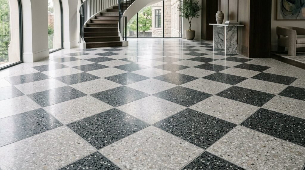 A high-angle view of a classic black and white checkerboard floor illuminated by soft natural light.