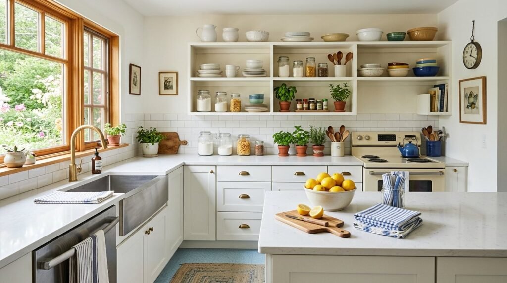 A beautifully lit and cheery modern kitchen with bright countertops and warm cabinetry.