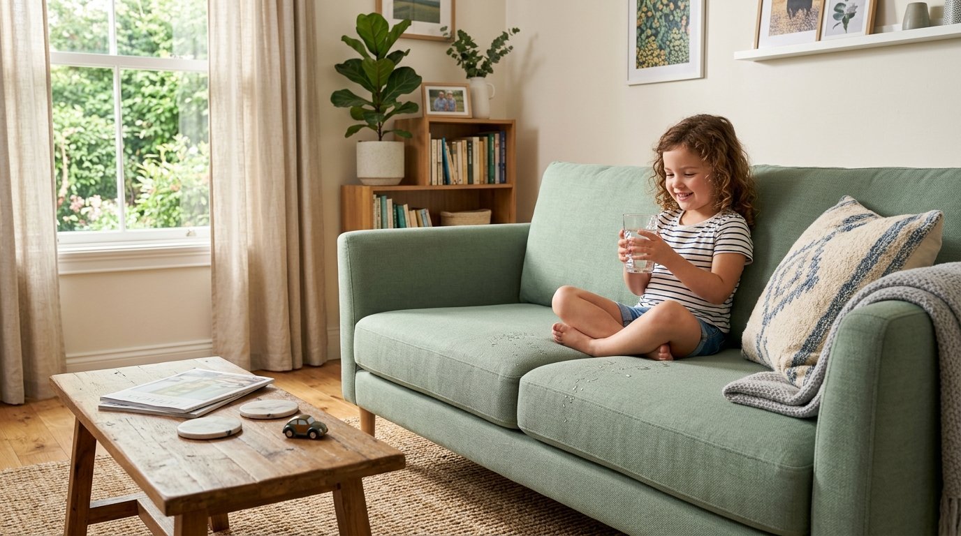 Young girl with curly hair sits cross-legged on a sage green couch holding a glass with spilled water on the fabric.