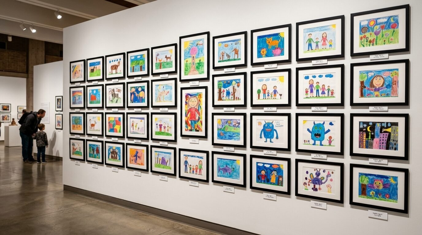 A white gallery wall covered in many framed, colorful children's crayon and marker drawings.