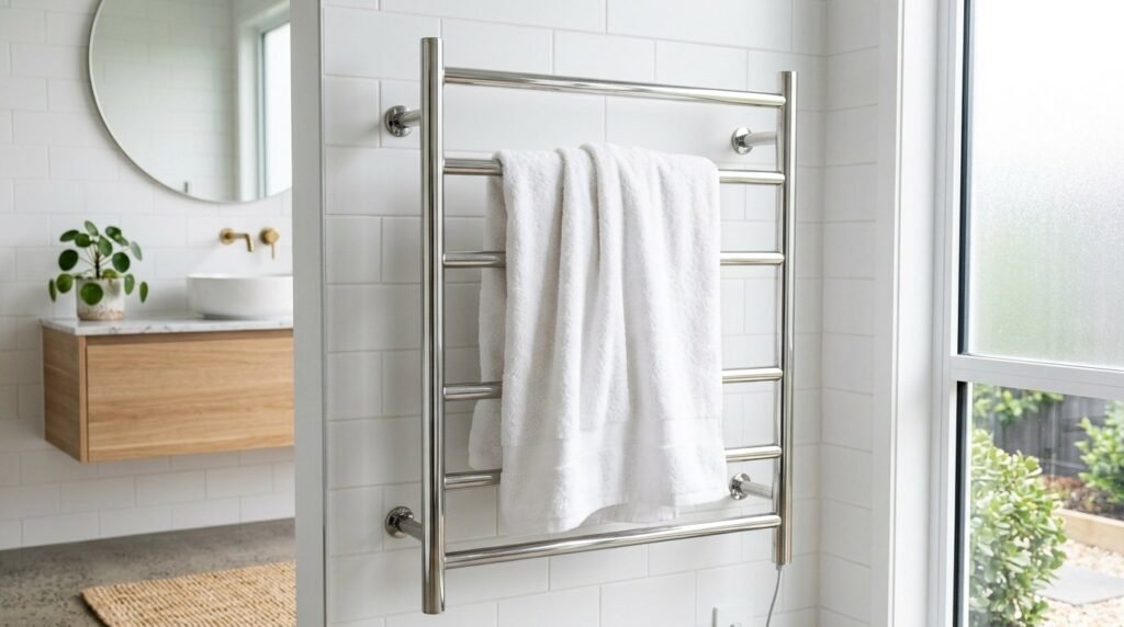 Modern polished chrome heated towel rail installed in a contemporary bathroom setting.