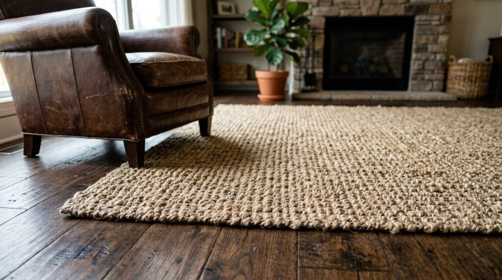A close-up shot of a textured chunky jute area rug in a minimalist living room.