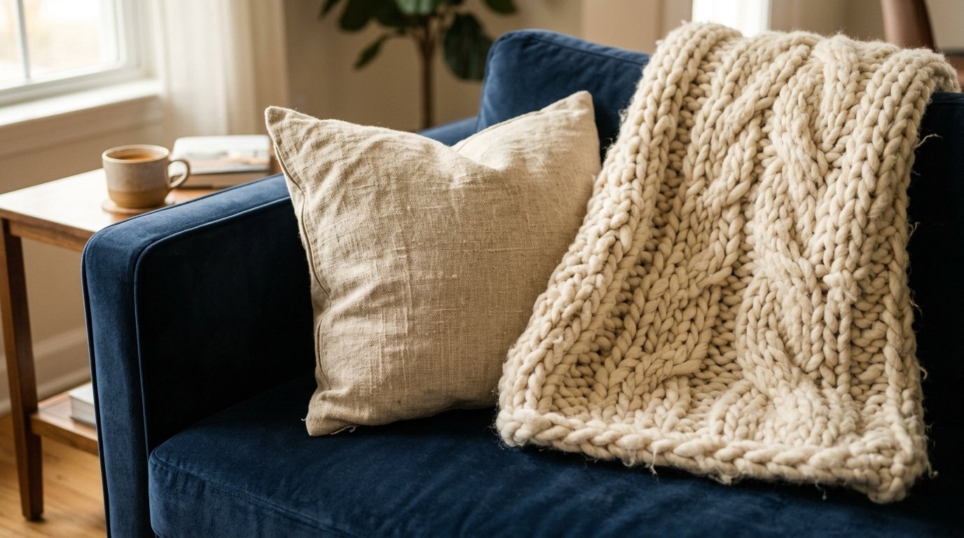 A beige cable knit throw draped over a navy blue velvet sofa with a linen cushion nearby.