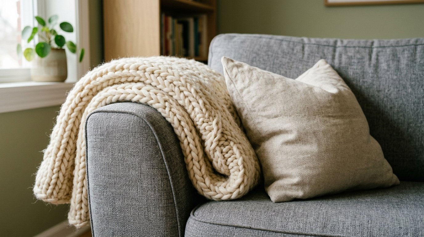 A cream wool throw draped over a grey fabric sofa next to a herringbone pillow.