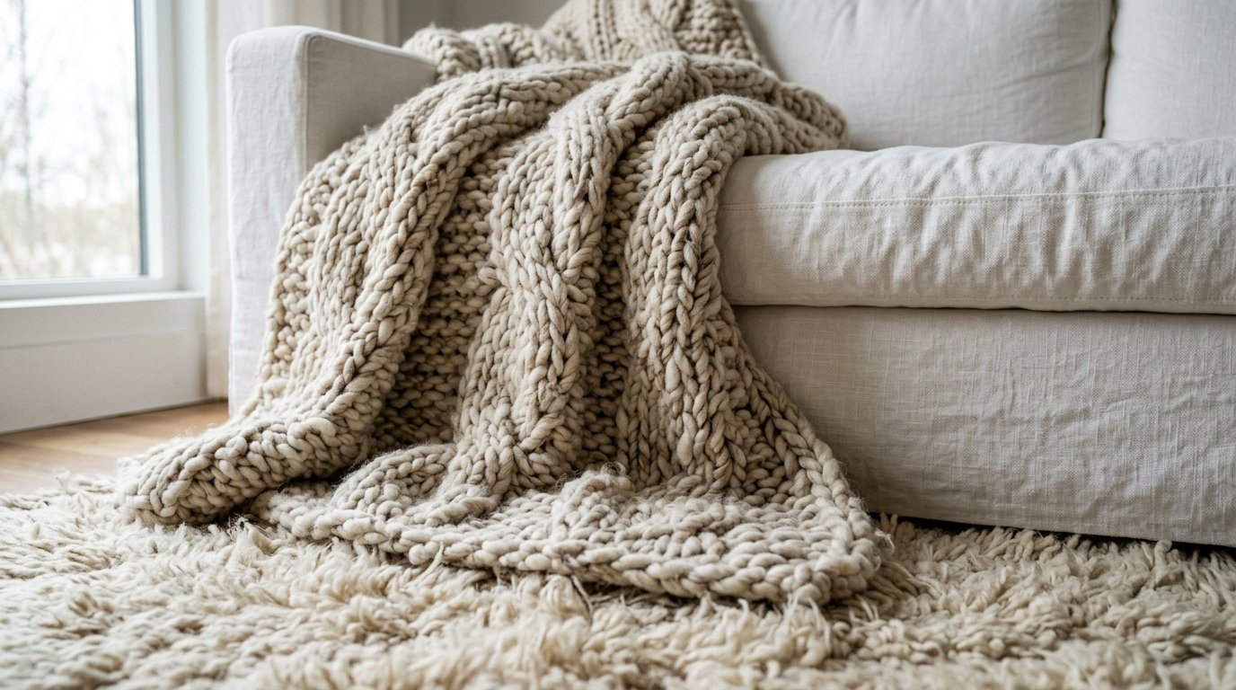 A soft beige cable knit blanket rests on a white couch above a shaggy area rug.