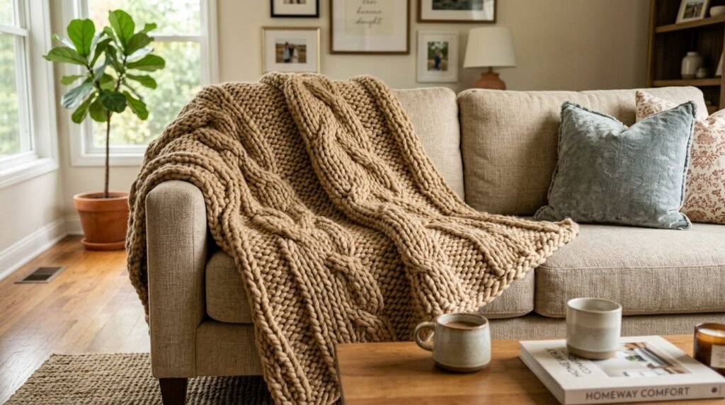 A close-up shot of a soft chunky knit wool blanket featuring detailed texture.