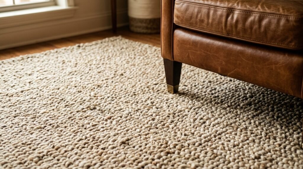 Close up view of a chunky wool and sisal blend fabric with detailed weave texture.