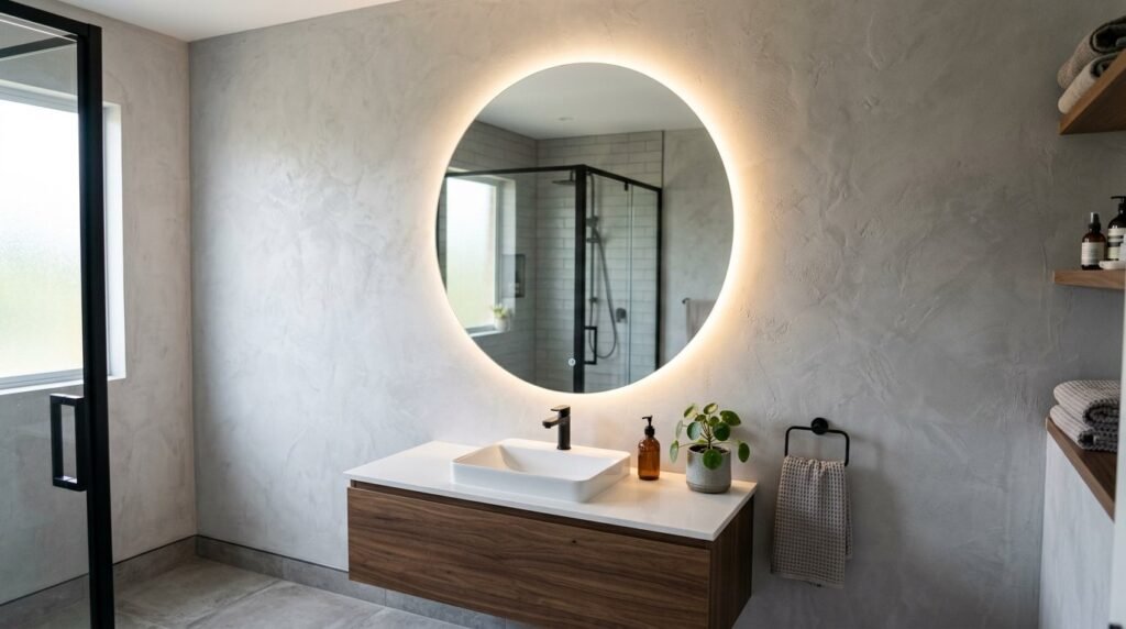 A modern circular mirror hanging on a clean wall in a bright home interior.