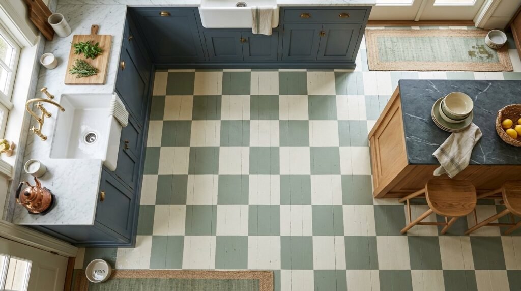 A high-angle view of a clean black and white checkerboard tile floor in a bright room.