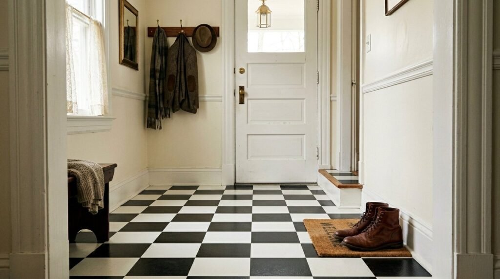 A high-angle view of a clean black and white checkerboard tile floor pattern in a bright room.