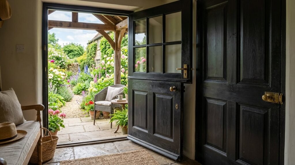 A stylish black Dutch door featuring a classic design in a bright, modern entryway.