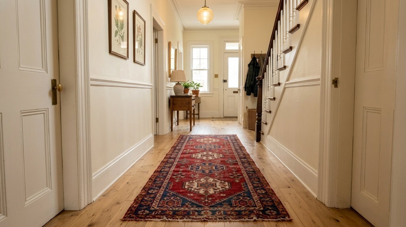 Long bright hallway with hardwood floors, a red patterned runner, and a wooden staircase.