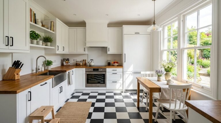A stylish kitchen interior design showcasing a timeless black and white checkerboard tile floor pattern.