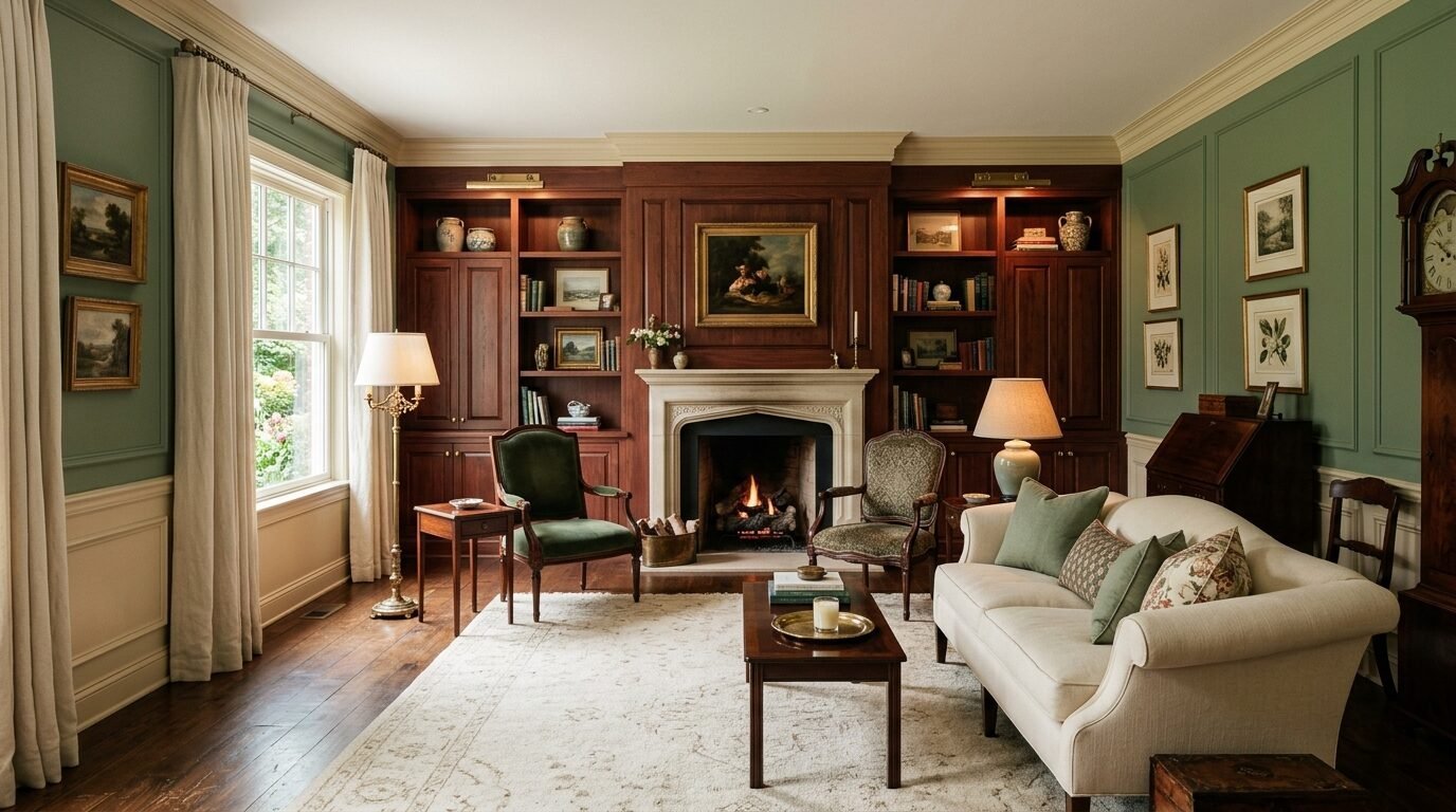 Traditional interior with sage green walls, dark wood built-in shelves surrounding a fireplace, and a cream sofa.