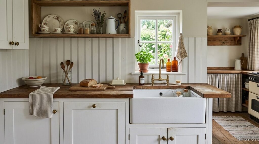 A beautiful white beadboard backsplash in a cozy cottage style kitchen.
