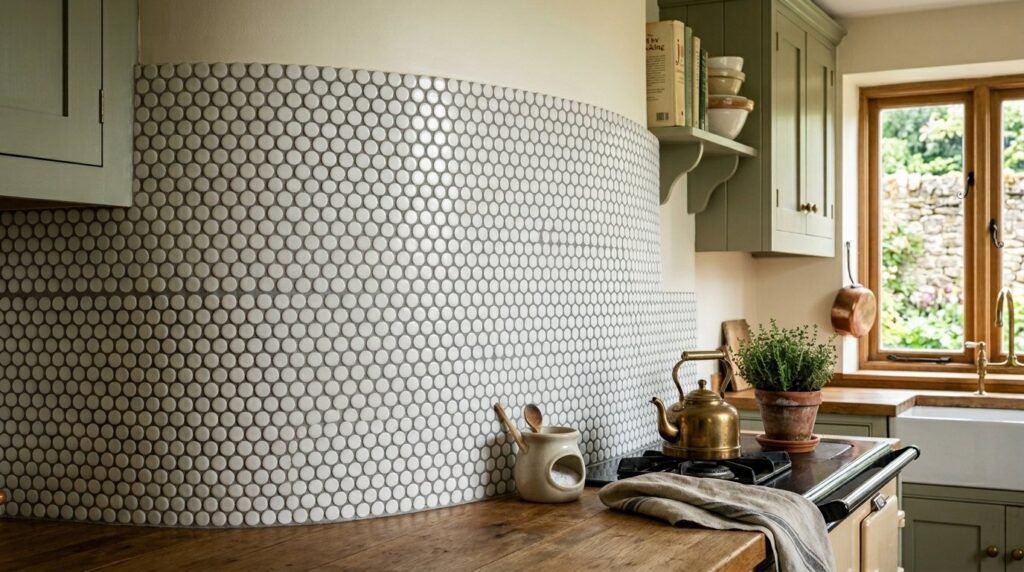 Close-up of clean white penny round ceramic tiles in a modern bathroom installation.