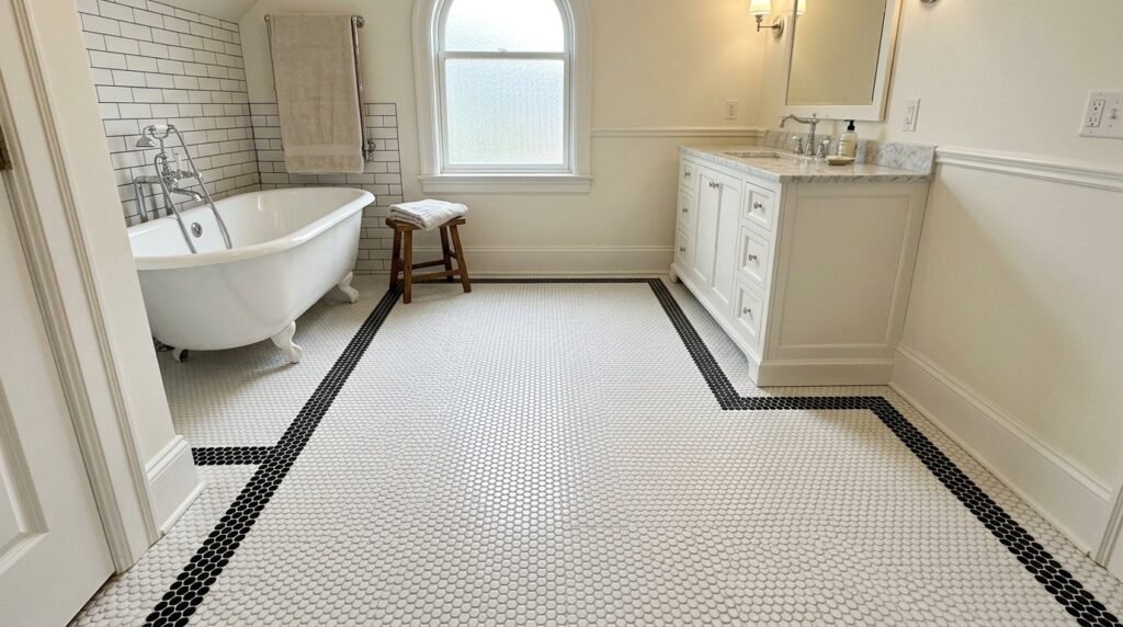 Close up view of classic white round penny tiles with grey grout lines on a bathroom wall.