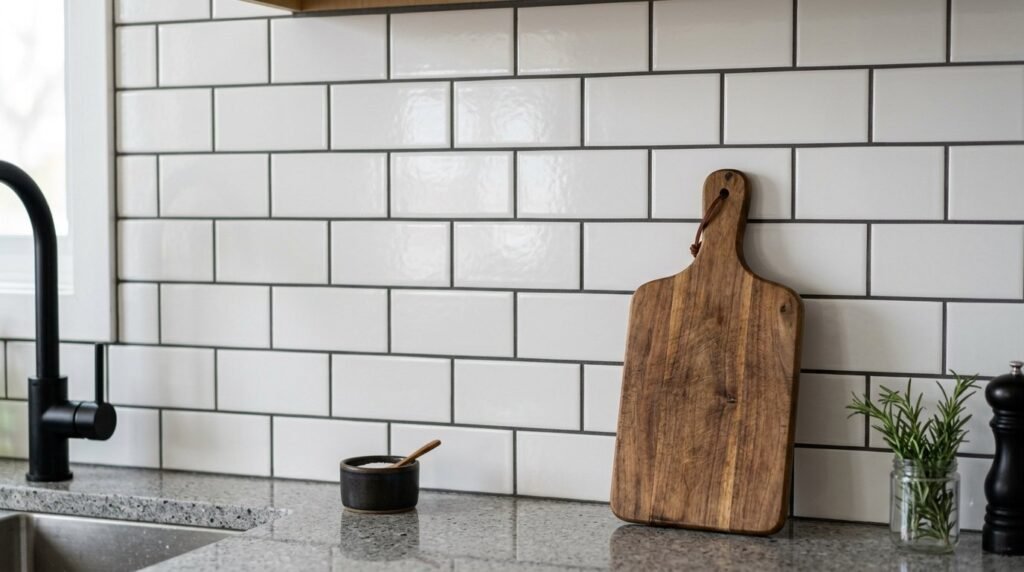 Close-up view of a clean white subway tile wall with dark grout in a modern kitchen.