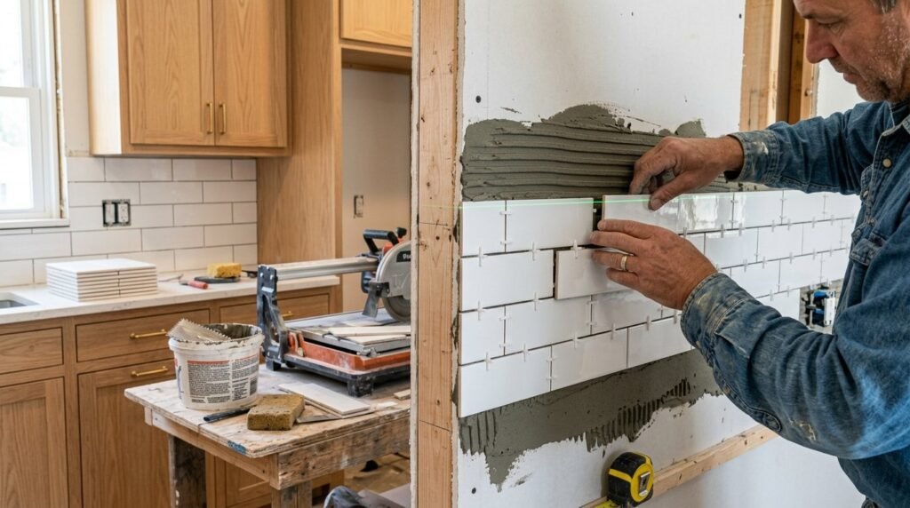 Close up view of glossy white subway tiles in a modern kitchen setting.