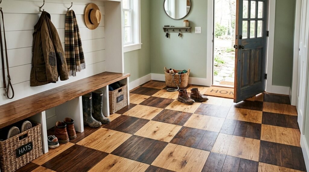 A beautifully crafted wooden floor featuring a detailed checkerboard pattern.