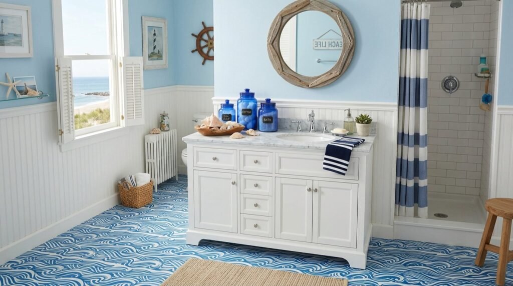 A bright coastal bathroom featuring calming blue accents and natural wood finishes.