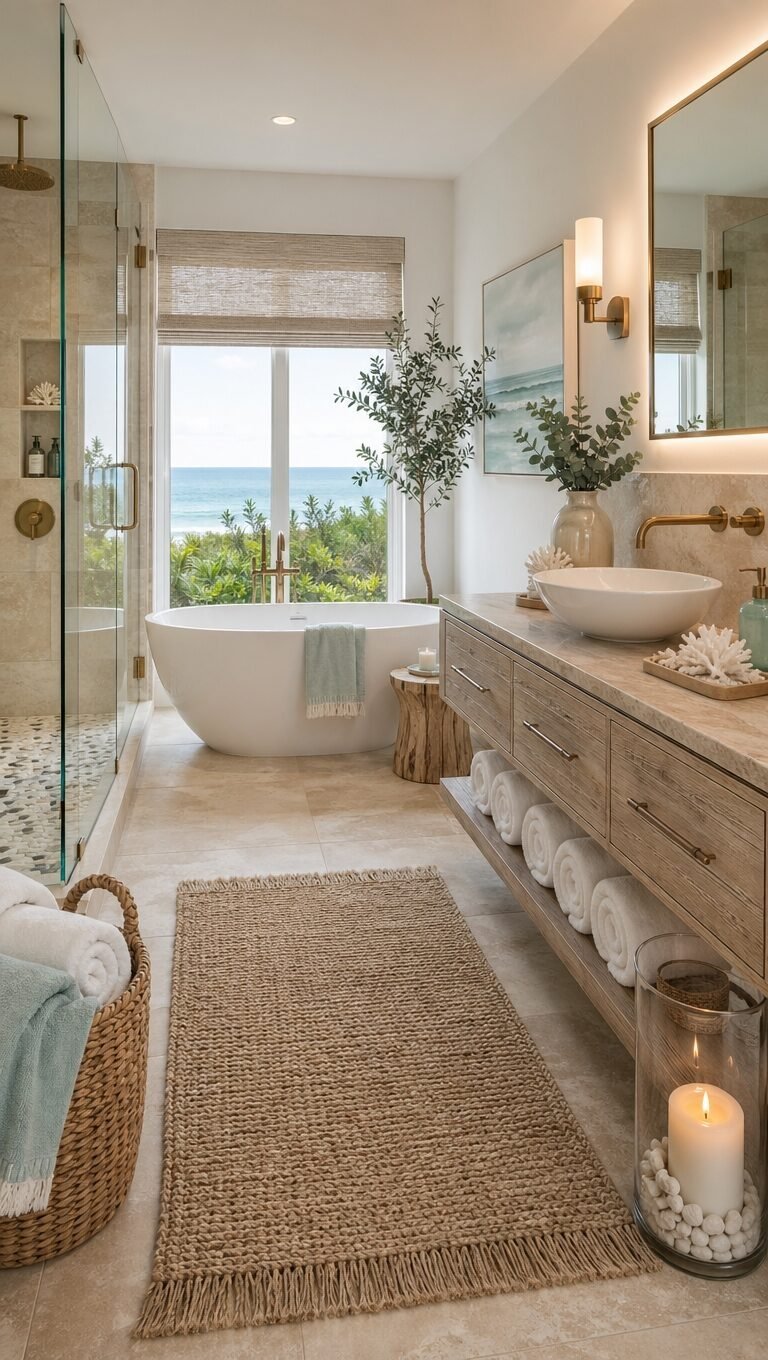 Modern bathroom with a freestanding white tub, wooden vanity, and view of the beach and ocean through a window.
