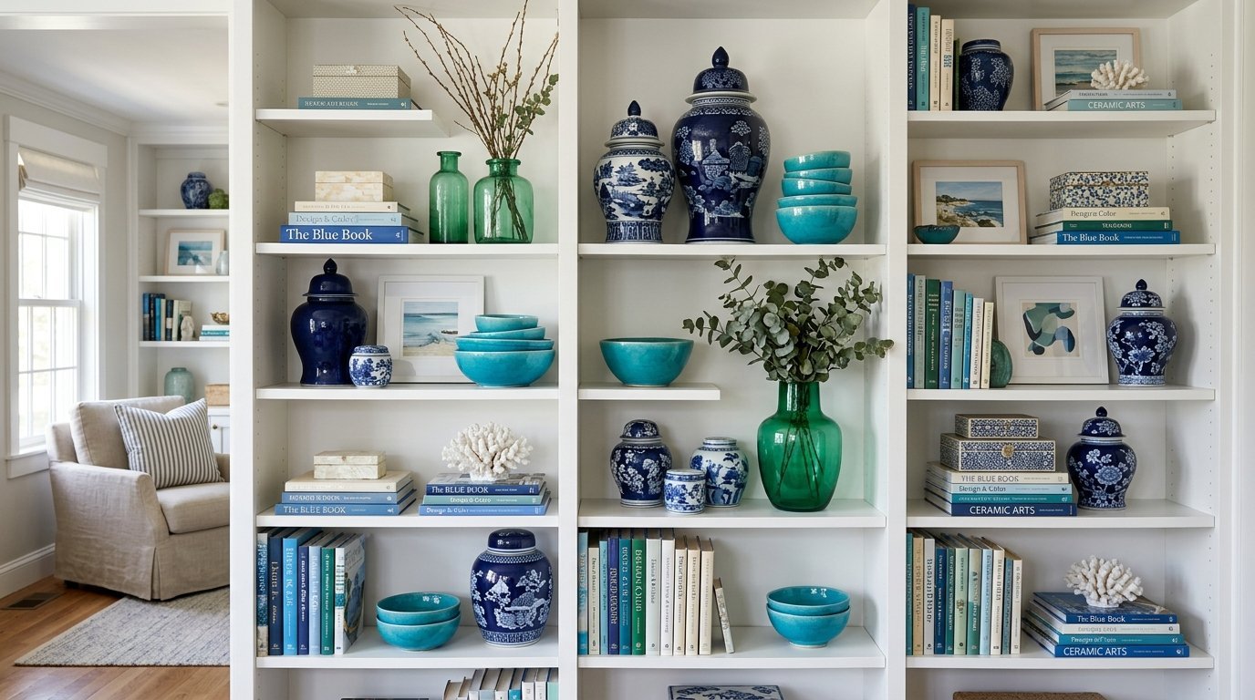 Built-in white bookshelves featuring blue and white ginger jars, teal bowls, green vases, and stacks of colorful books.