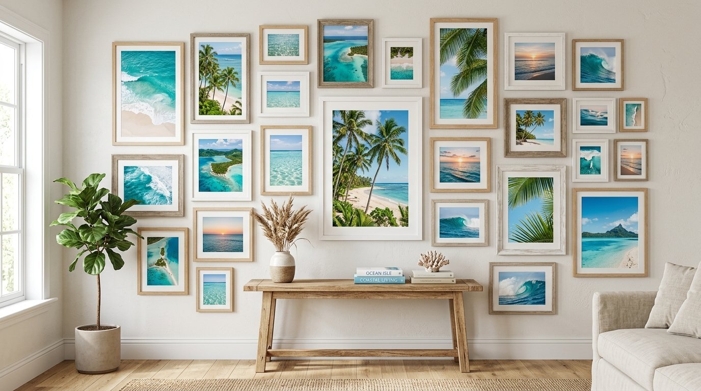 Interior wall showcasing a collection of framed beach photography prints above a rustic wooden console table.