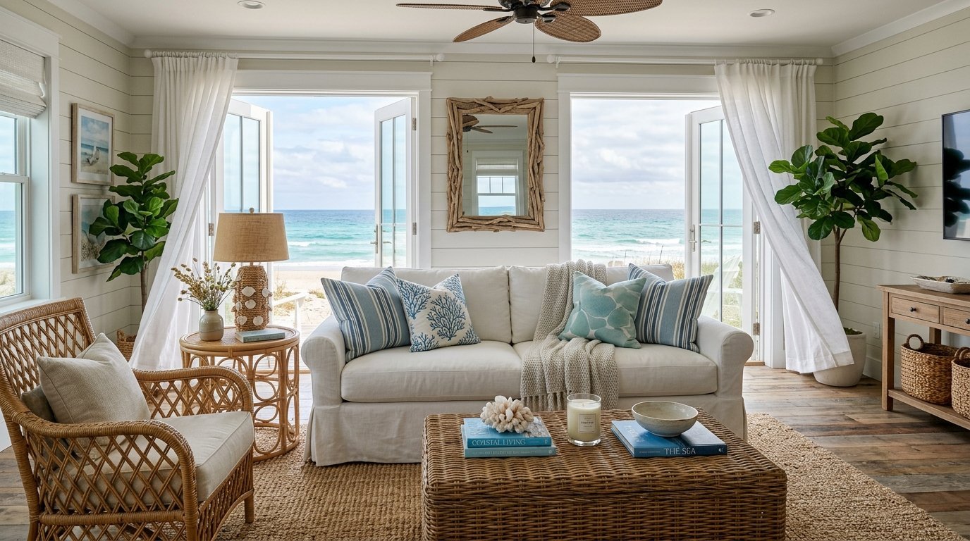 A sunlit beach house living room featuring a white sofa, rattan furniture, and open doors overlooking the sea.