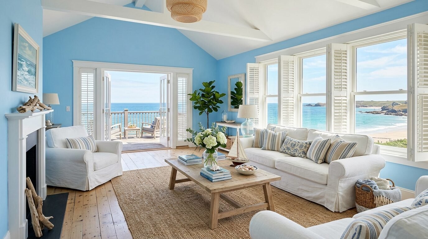 Bright living room with white sofas, blue walls, and large windows overlooking a sandy beach and blue ocean water.